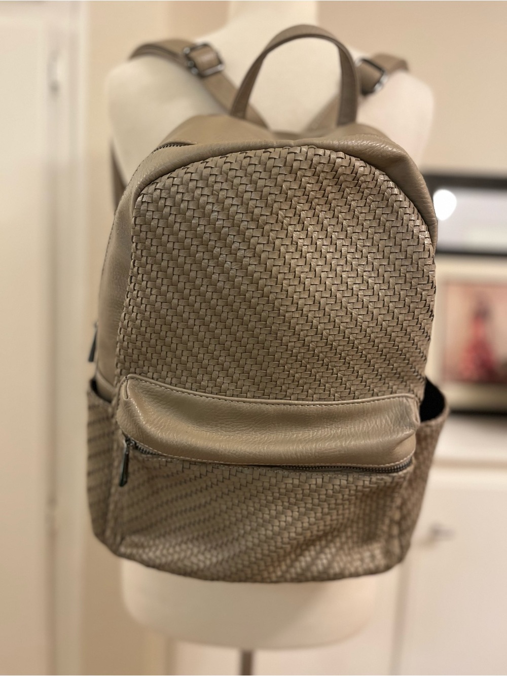 Madison West Tan/Taupe Vegan Leather Woven Backpack